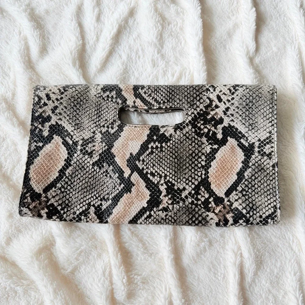 Nine West, Faux Snakeskin Envelope Clutch Handbag, Beige Gray Black